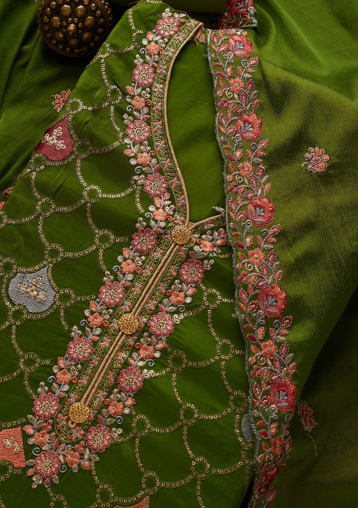 Leaf Green Threadwork Semi Crepe Unstitched Salwar Suit-Koskii