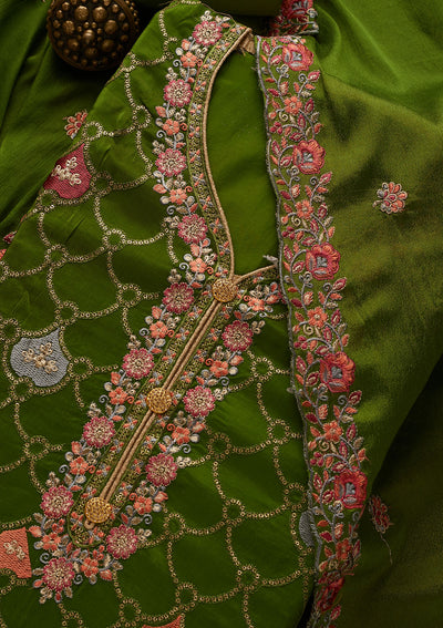 Leaf Green Threadwork Semi Crepe Unstitched Salwar Suit-Koskii