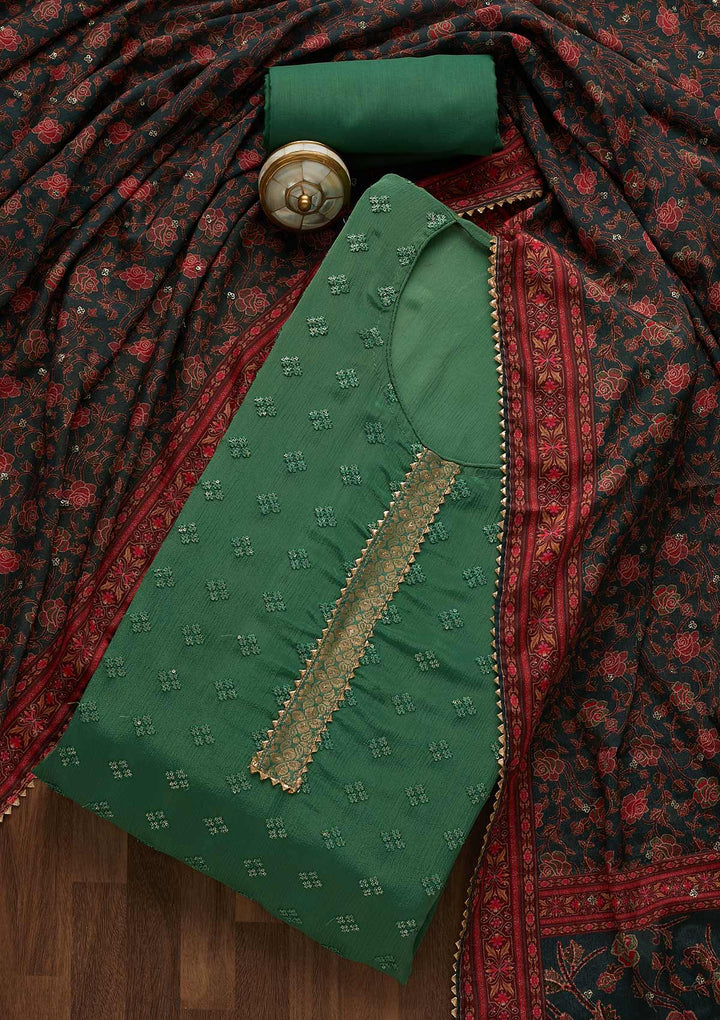 Leaf Green Sequins Threadwork Semi Crepe Unstitched Salwar Suit-Koskii