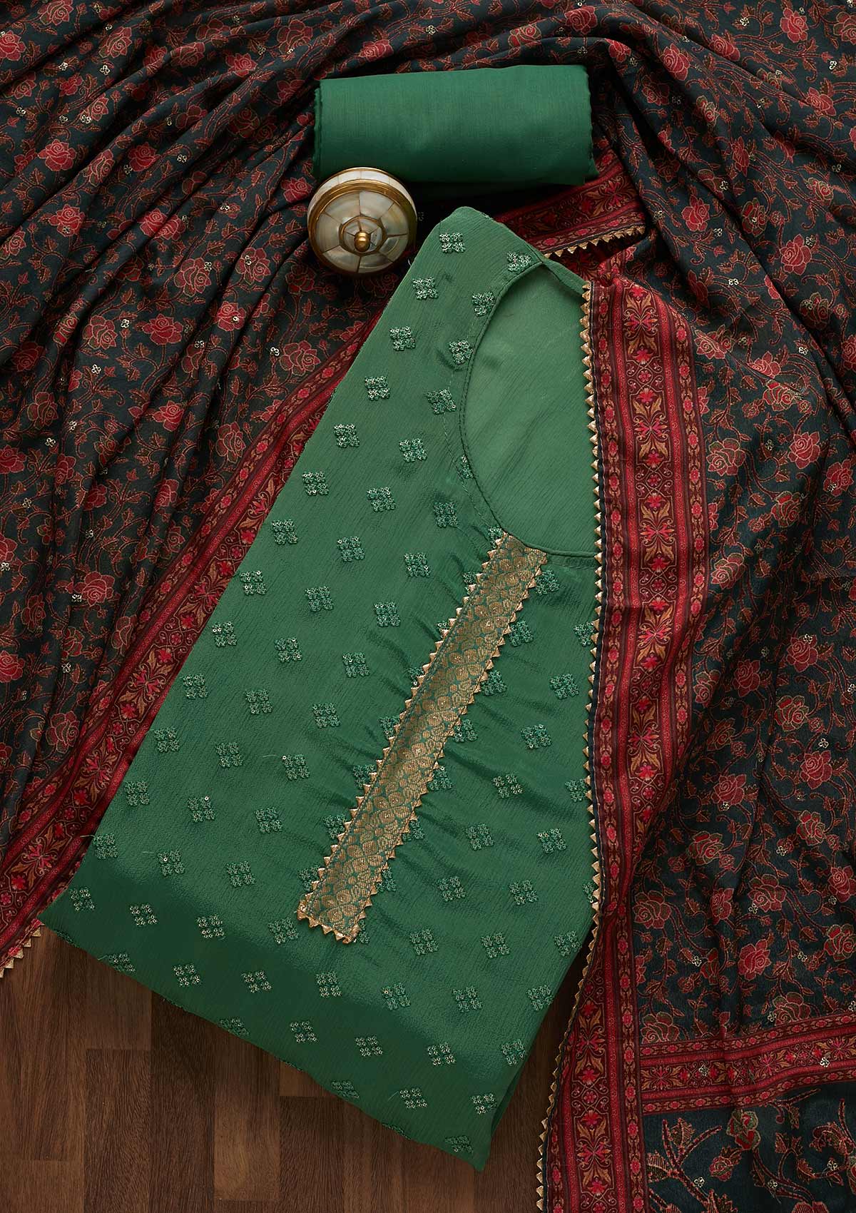 Leaf Green Sequins Threadwork Semi Crepe Unstitched Salwar Suit-Koskii