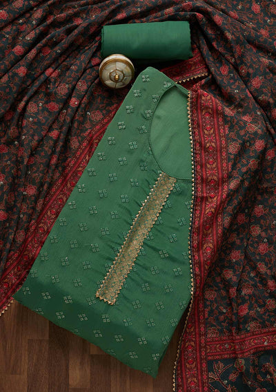 Leaf Green Sequins Threadwork Semi Crepe Unstitched Salwar Suit-Koskii