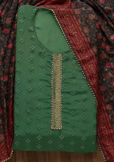 Leaf Green Sequins Threadwork Semi Crepe Unstitched Salwar Suit-Koskii