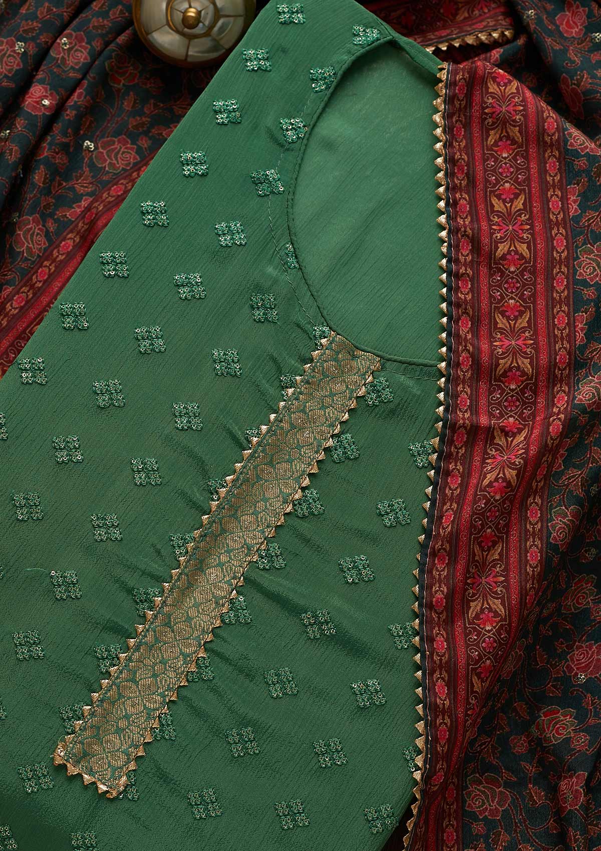 Leaf Green Sequins Threadwork Semi Crepe Unstitched Salwar Suit-Koskii