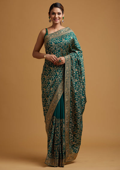 Leaf Green Zariwork Art Silk Designer Saree - koskii