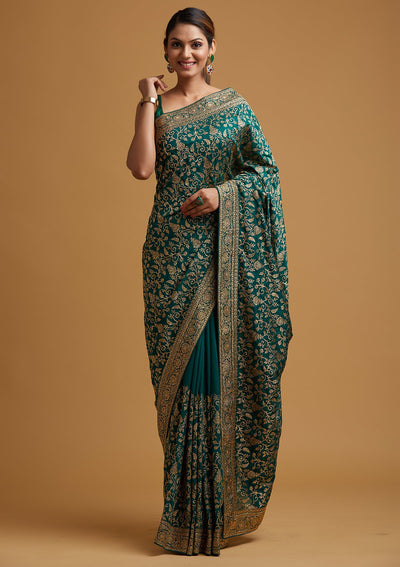 Leaf Green Zariwork Art Silk Designer Saree - koskii
