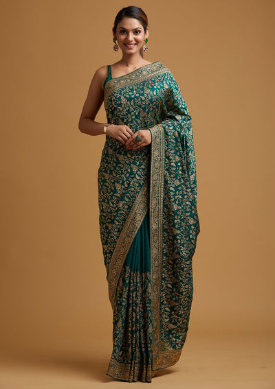 Leaf Green Zariwork Art Silk Designer Saree - koskii