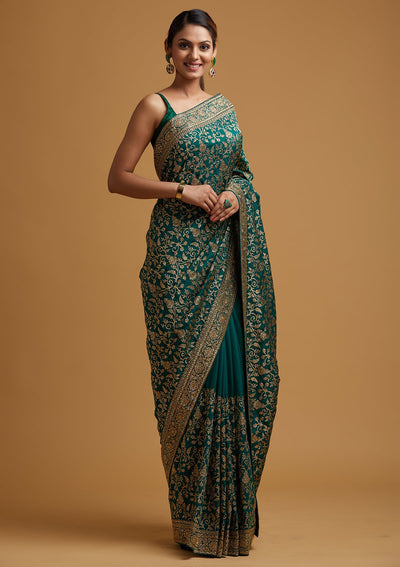 Leaf Green Zariwork Art Silk Designer Saree - koskii