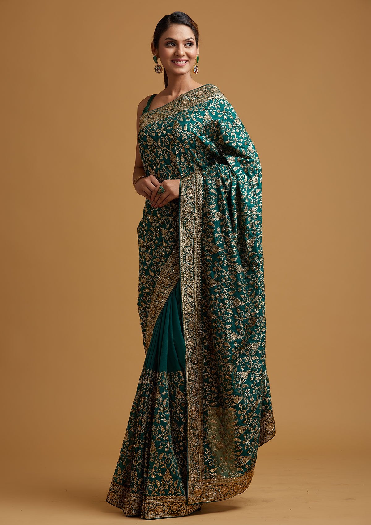 Leaf Green Zariwork Art Silk Designer Saree - koskii