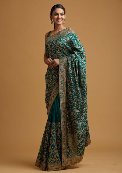 Leaf Green Zariwork Art Silk Designer Saree - koskii