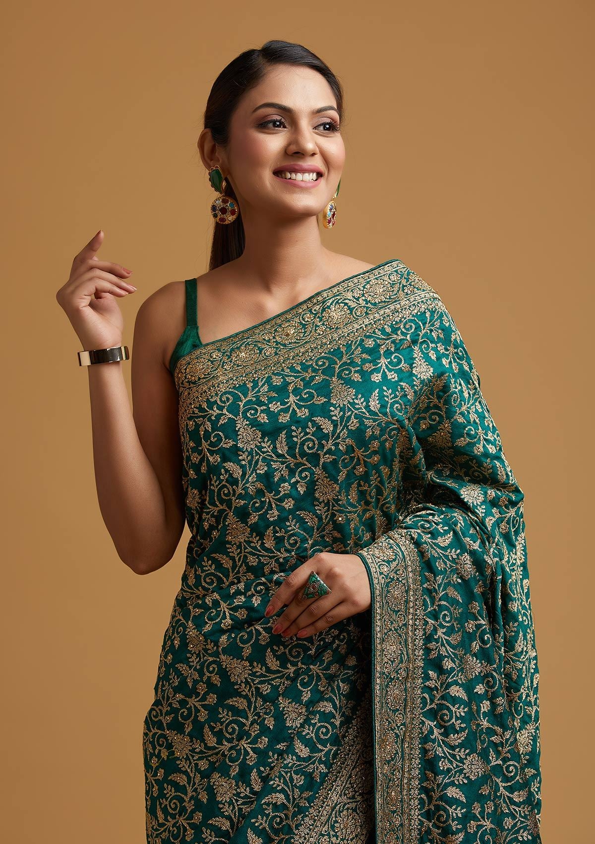 Leaf Green Zariwork Art Silk Designer Saree - koskii