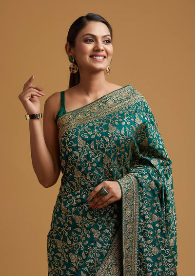 Leaf Green Zariwork Art Silk Designer Saree - koskii