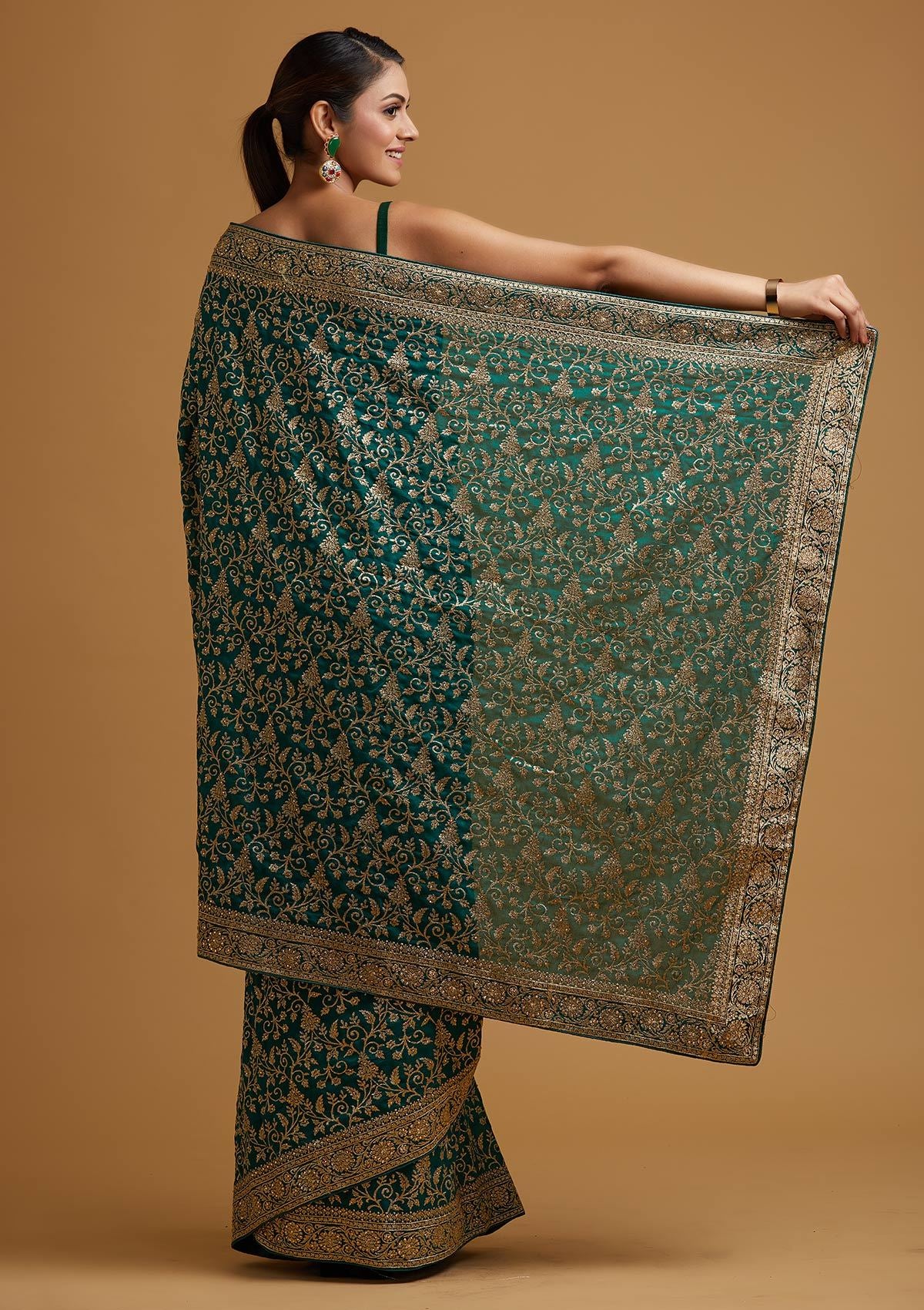 Leaf Green Zariwork Art Silk Designer Saree - koskii