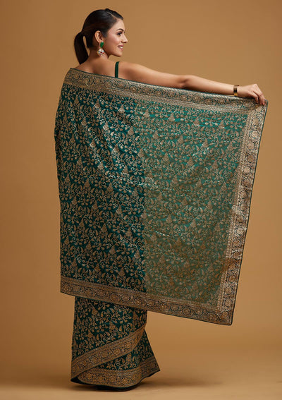Leaf Green Zariwork Art Silk Designer Saree - koskii