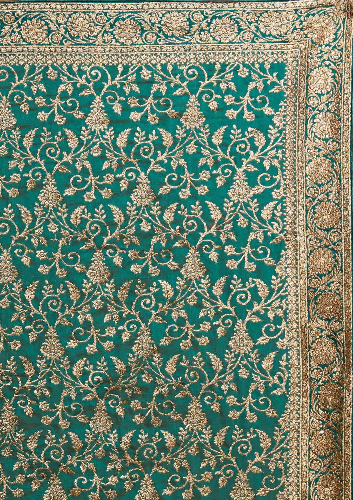 Leaf Green Zariwork Art Silk Designer Saree - koskii