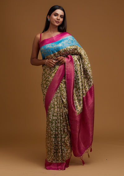 Leaf Green Zariwork Art Silk Designer Saree - Koskii