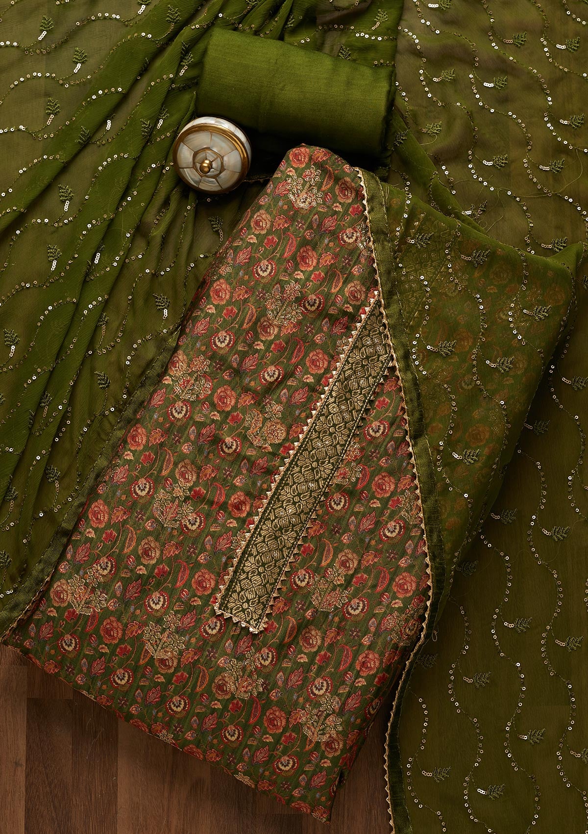 Leaf Green Zariwork Banarasi Semi-Stitched Salwar Suit - Koskii