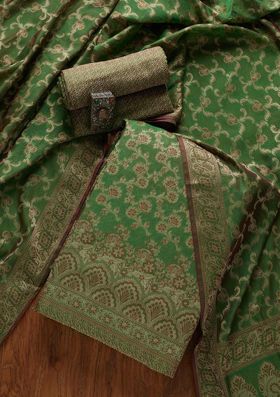 Leaf Green Zariwork Banarasi Designer Unstitched Salwar Suit - koskii