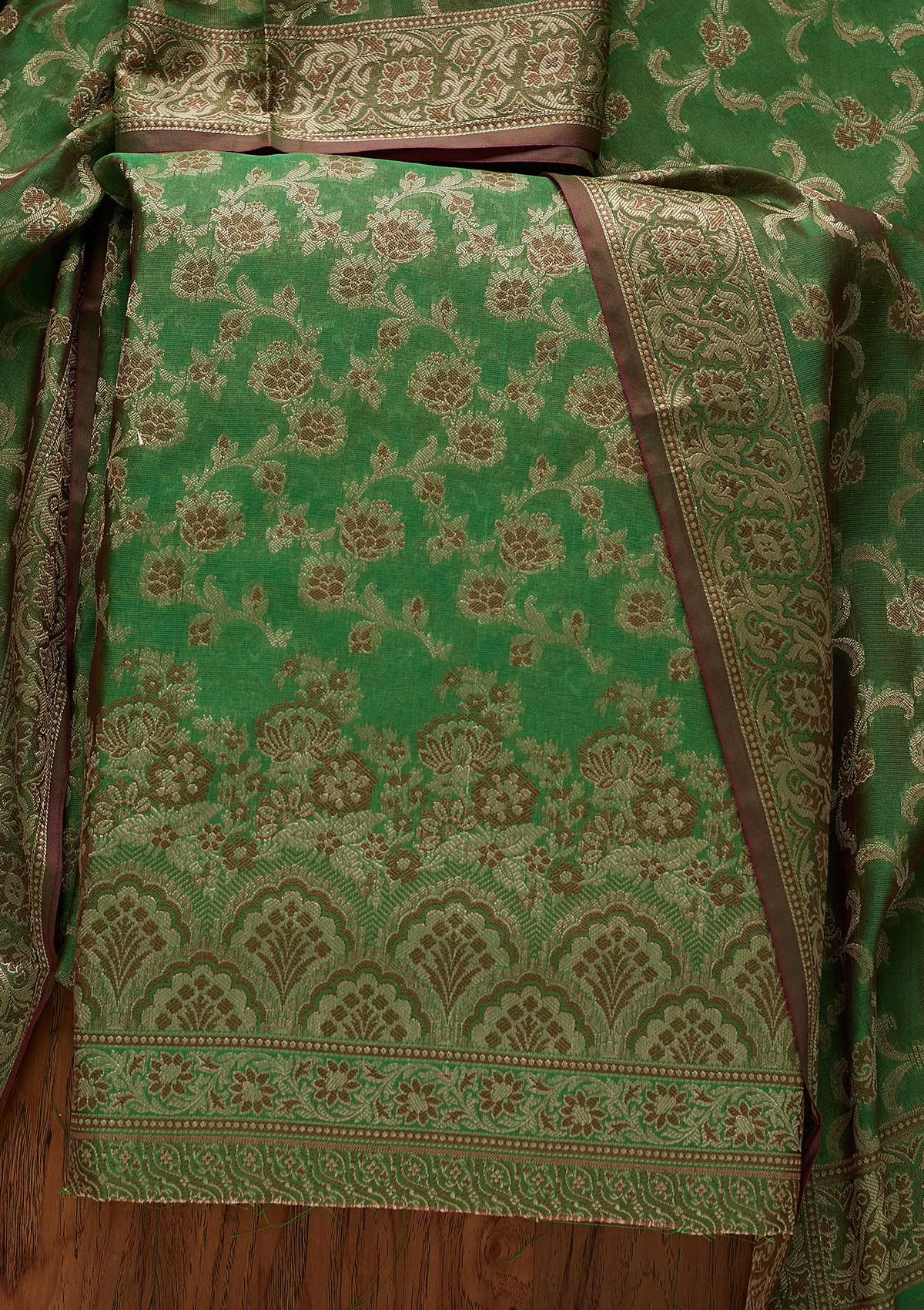 Leaf Green Zariwork Banarasi Designer Unstitched Salwar Suit - koskii