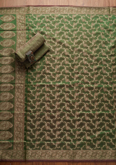 Leaf Green Zariwork Banarasi Designer Unstitched Salwar Suit - koskii