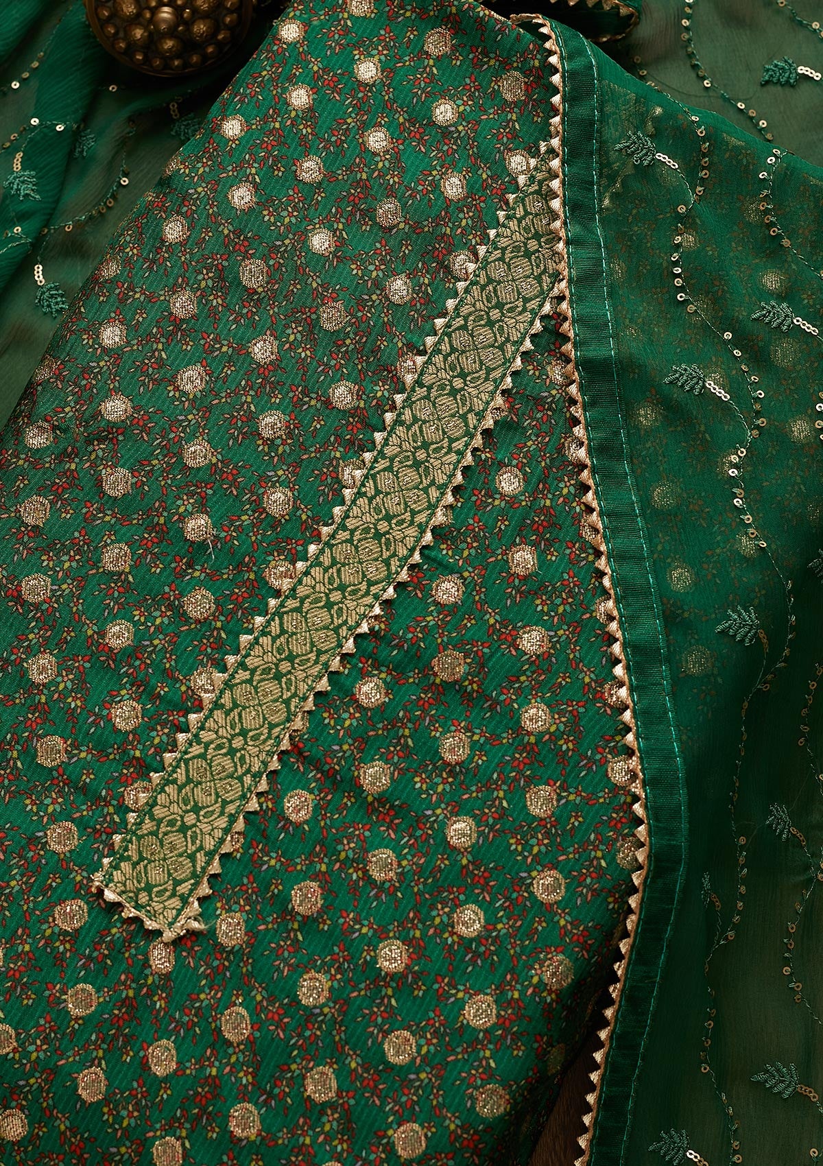 Leaf Green Zariwork Chanderi Semi-Stitched Salwar Suit-Koskii