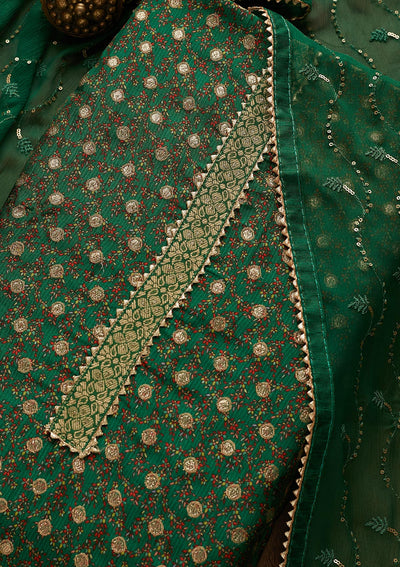 Leaf Green Zariwork Chanderi Semi-Stitched Salwar Suit-Koskii