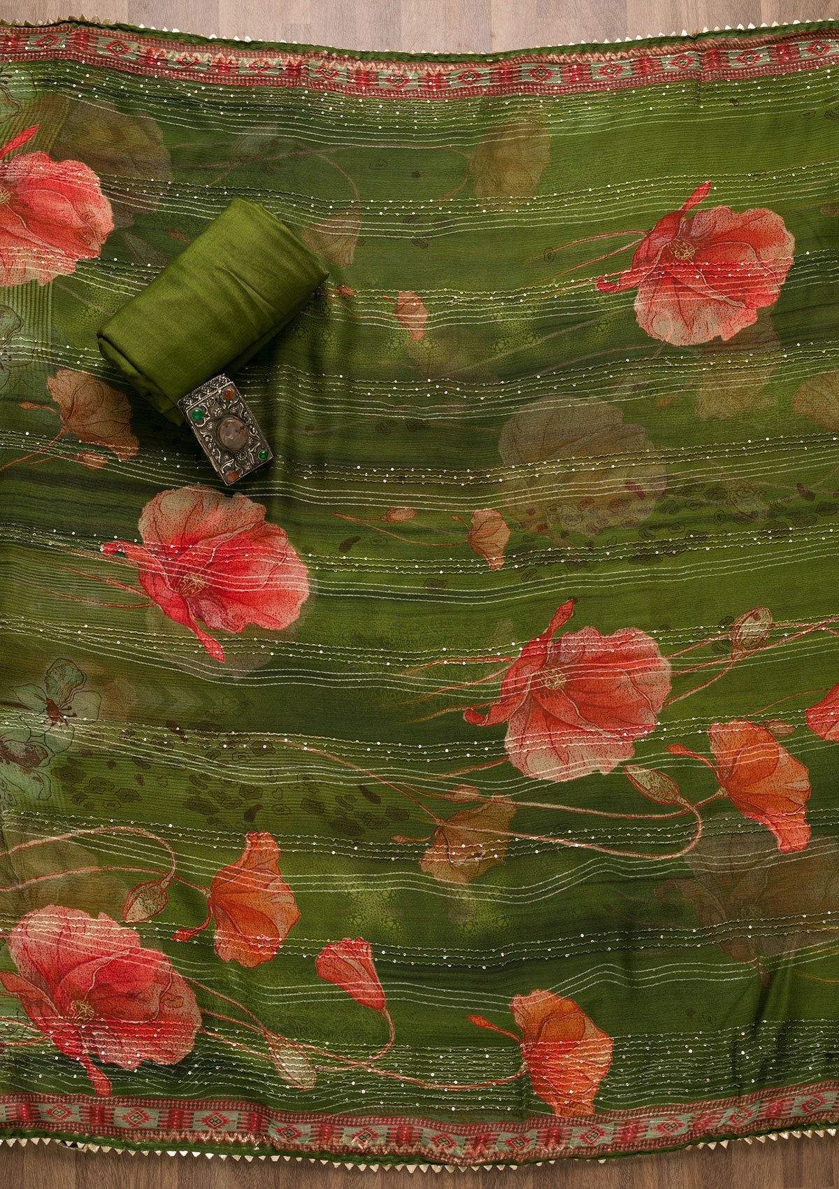 Leaf Green Zariwork Georgette Unstitched Salwar Suit-Koskii
