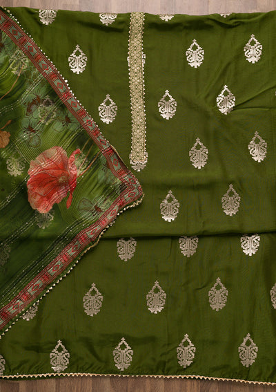 Leaf Green Zariwork Georgette Unstitched Salwar Suit-Koskii