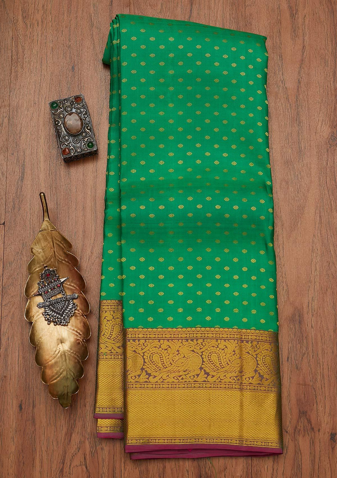 Leaf Green Zariwork Pure Silk Designer Saree - koskii