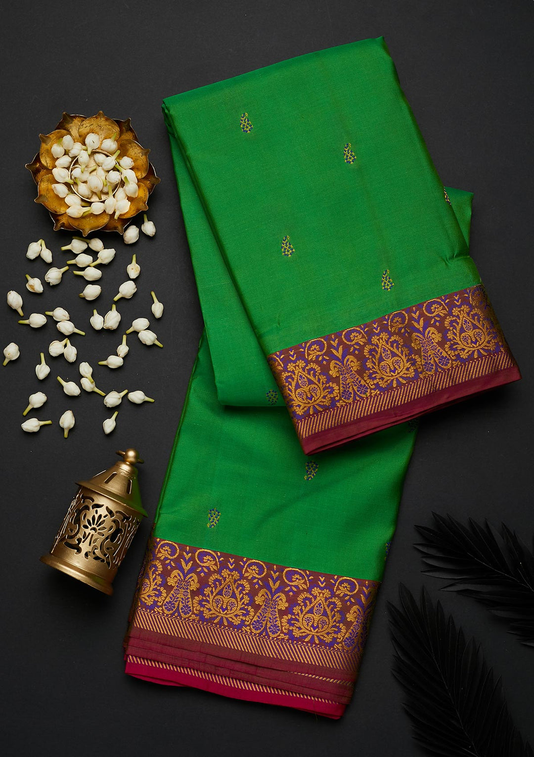 Leaf Green Zariwork Pure Silk Designer Saree - Koskii