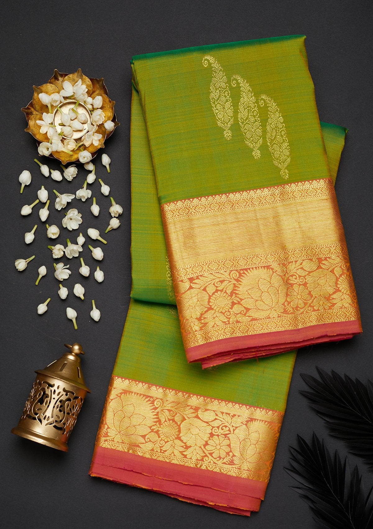 Leaf Green Zariwork Pure Silk Designer Saree - Koskii
