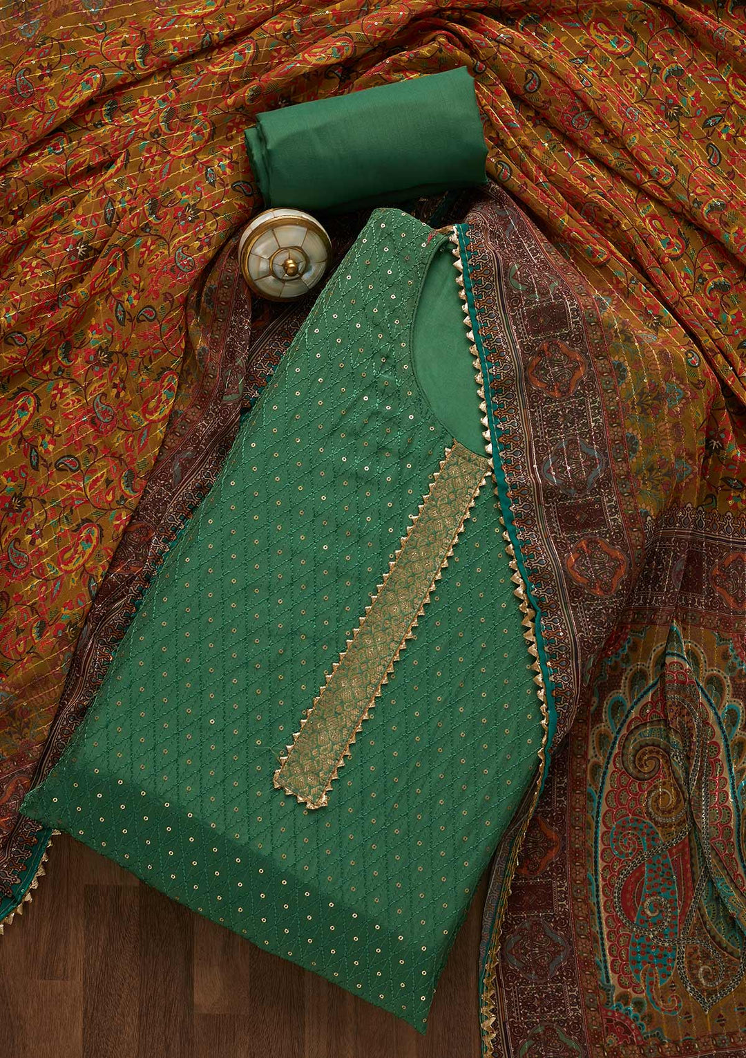 Leaf Green Sequins Semi Crepe Unstitched Salwar Suit-Koskii