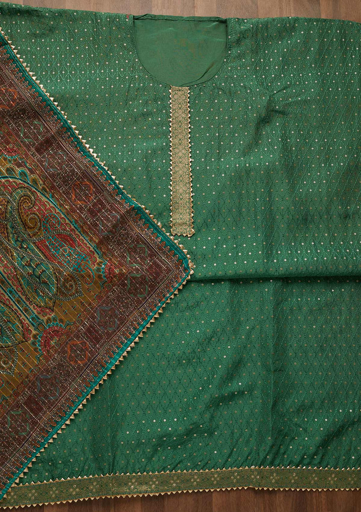 Leaf Green Sequins Semi Crepe Unstitched Salwar Suit-Koskii