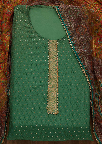 Leaf Green Sequins Semi Crepe Unstitched Salwar Suit-Koskii