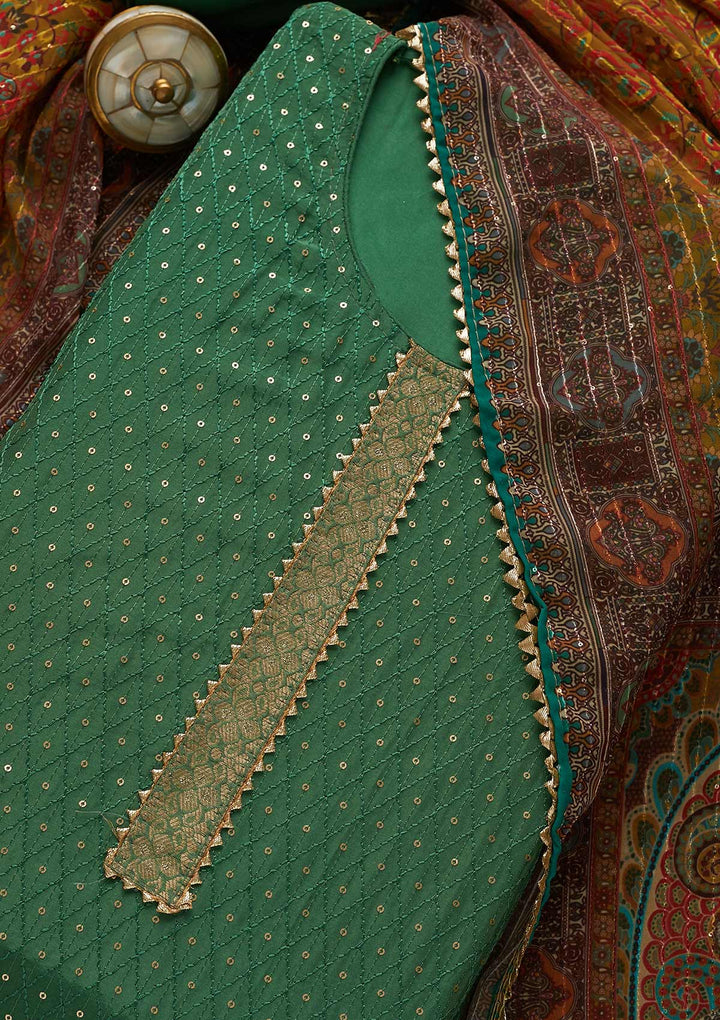 Leaf Green Sequins Semi Crepe Unstitched Salwar Suit-Koskii