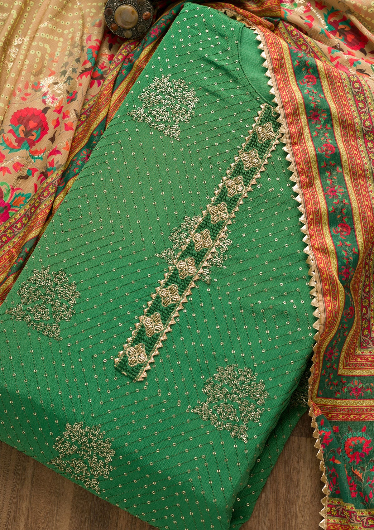 Leaf Green Zariwork Semi Crepe Unstitched Salwar Suit-Koskii