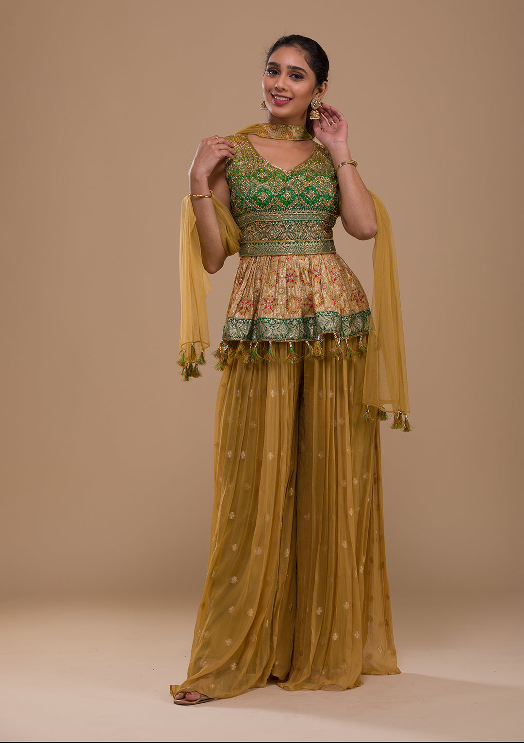 Leaf Green Cutdana Georgette Readymade Salwar Suit-Koskii