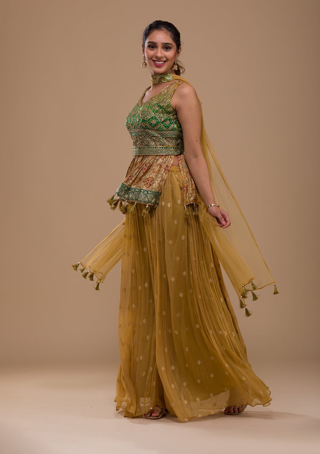 Leaf Green Cutdana Georgette Readymade Salwar Suit-Koskii