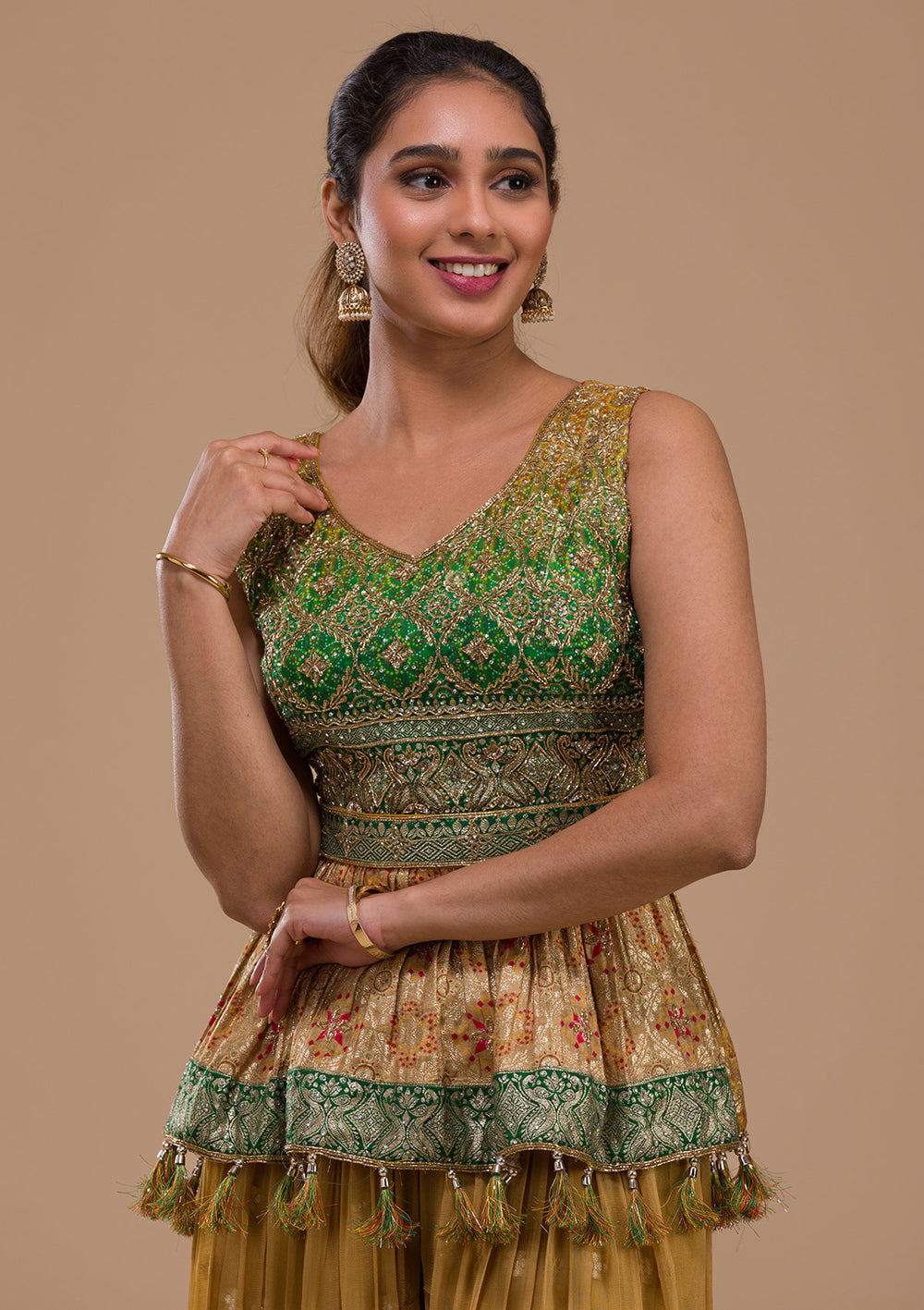 Leaf Green Cutdana Georgette Readymade Salwar Suit-Koskii