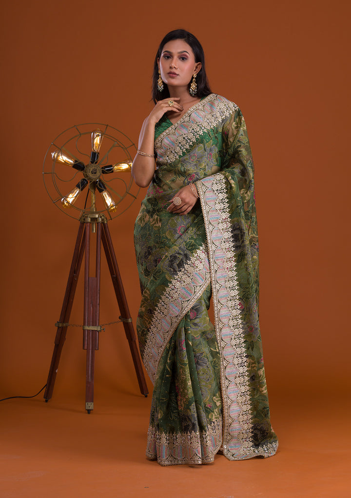 Leaf Green Printed Tissue Saree-Koskii