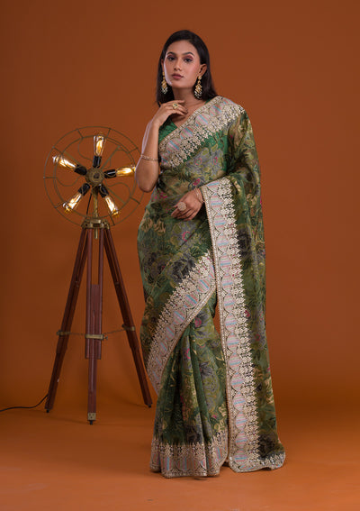 Leaf Green Printed Tissue Saree-Koskii