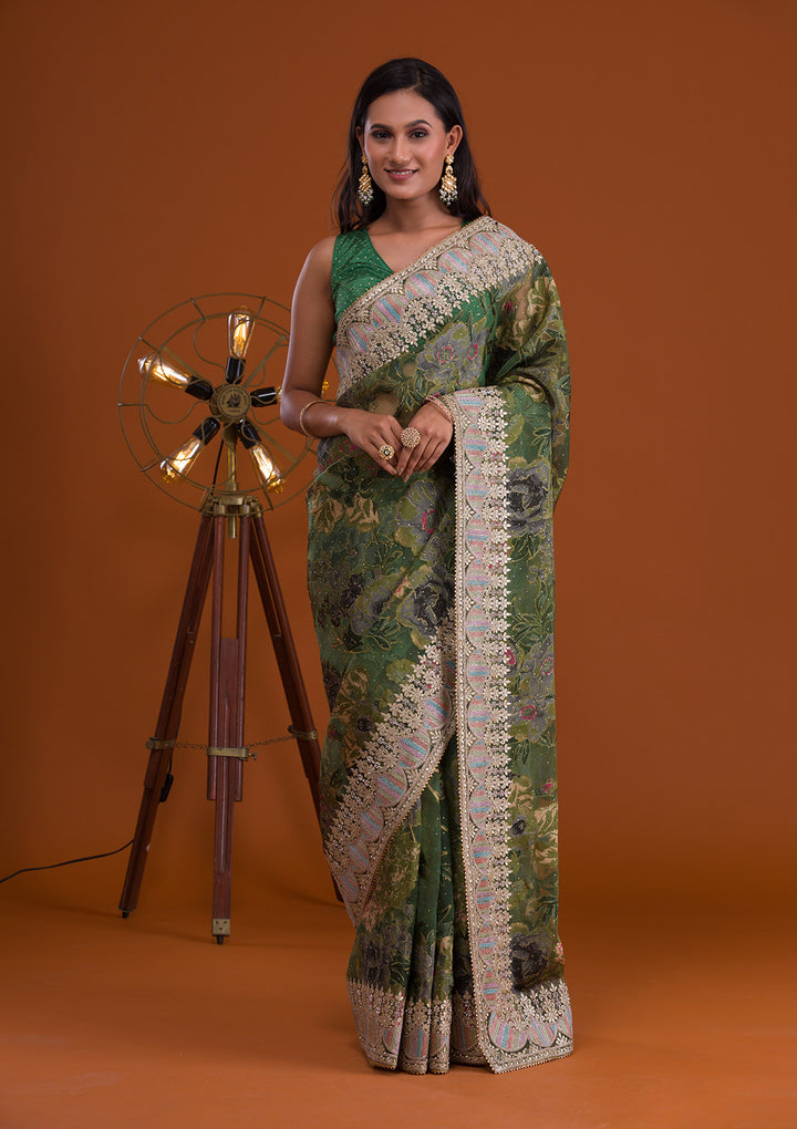 Leaf Green Printed Tissue Saree-Koskii