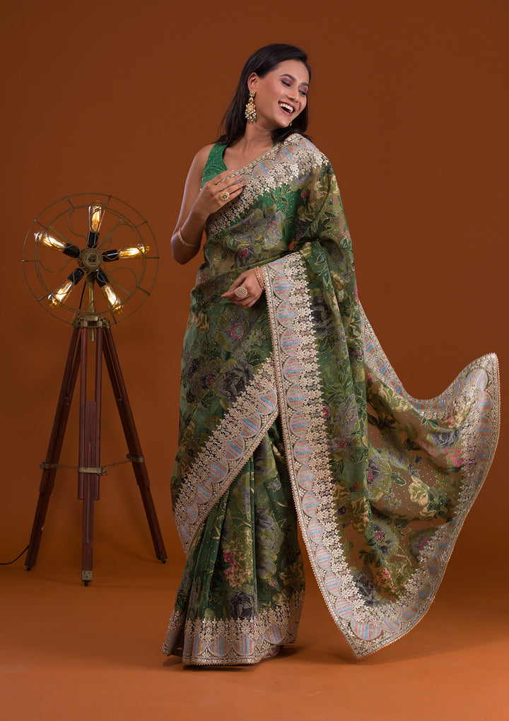 Leaf Green Printed Tissue Saree-Koskii