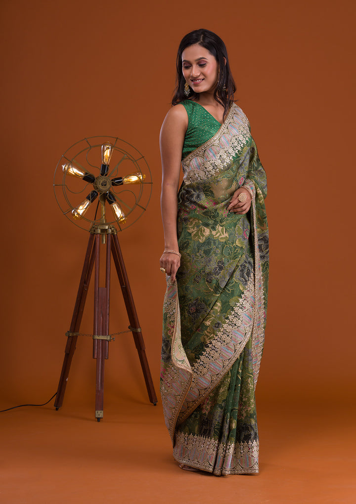 Leaf Green Printed Tissue Saree-Koskii