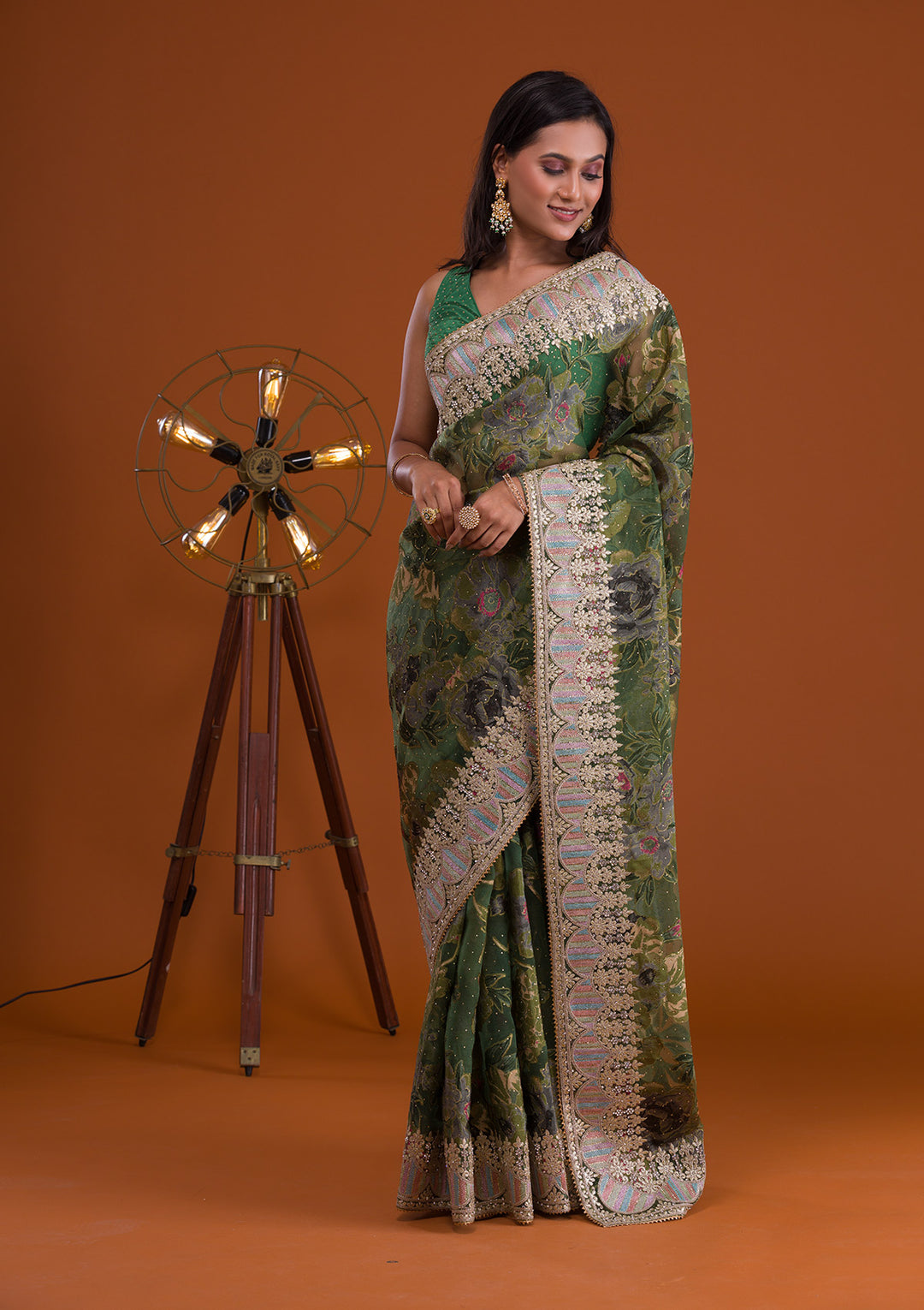 Leaf Green Printed Tissue Saree-Koskii