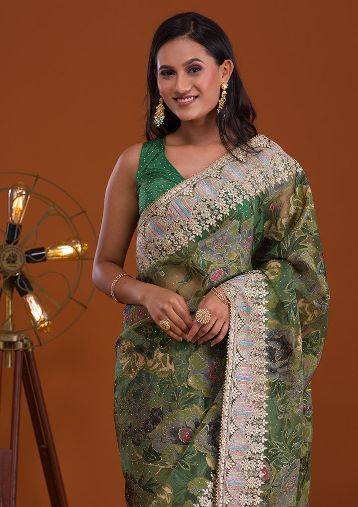 Leaf Green Printed Tissue Saree-Koskii
