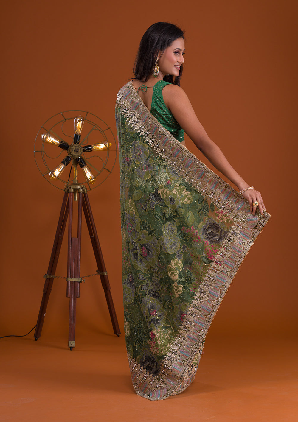 Leaf Green Printed Tissue Saree-Koskii