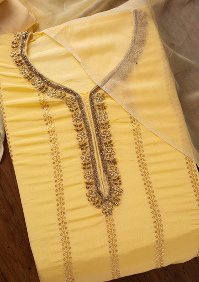 Lemon Yellow Cutdana Semi Crepe Designer Unstitched Salwar Suit - koskii