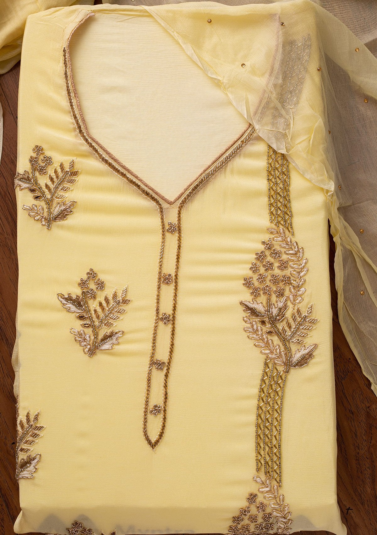 Lemon Yellow Cutdana Semi Crepe Designer Unstitched Salwar Suit - koskii