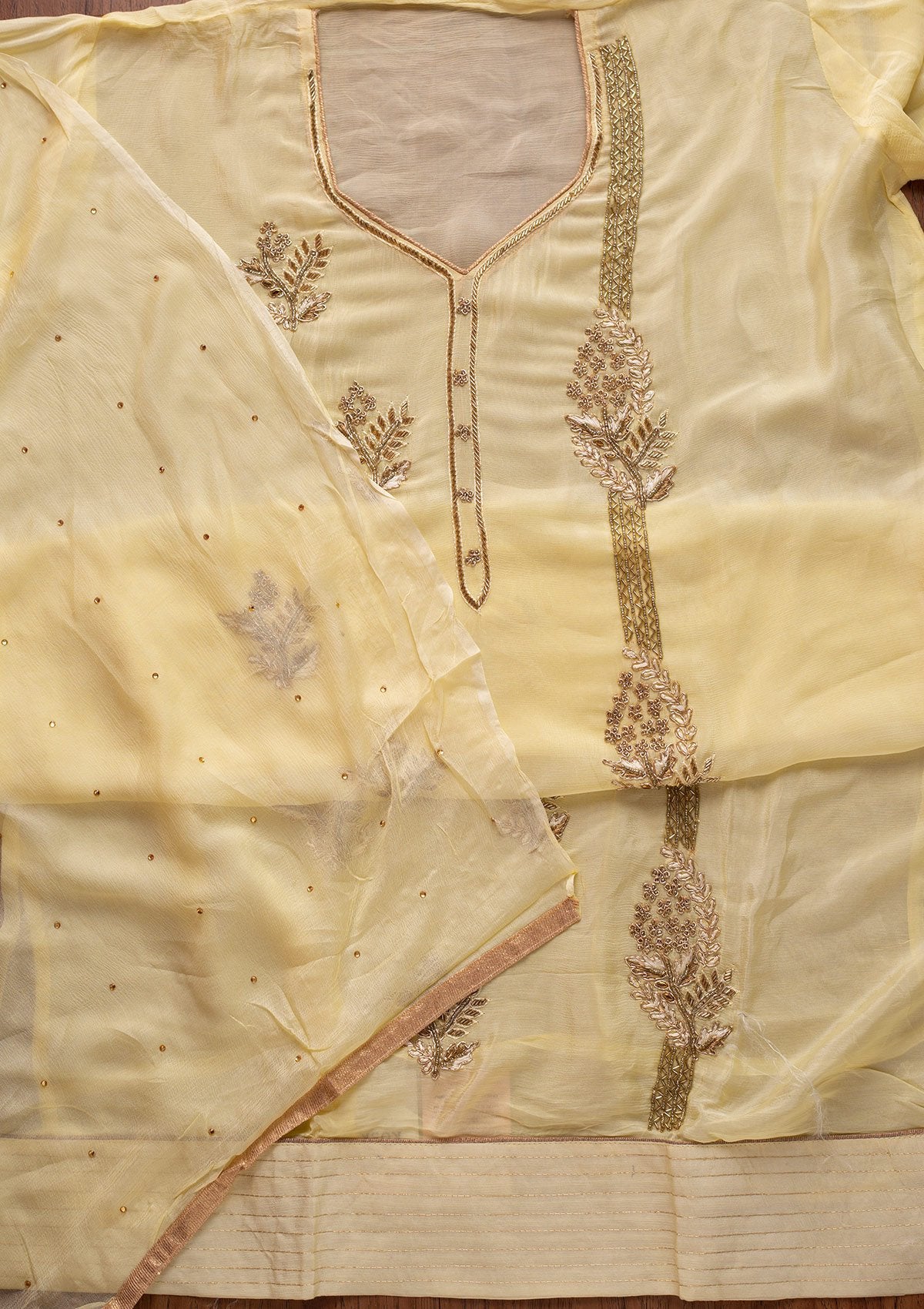 Lemon Yellow Cutdana Semi Crepe Designer Unstitched Salwar Suit - koskii
