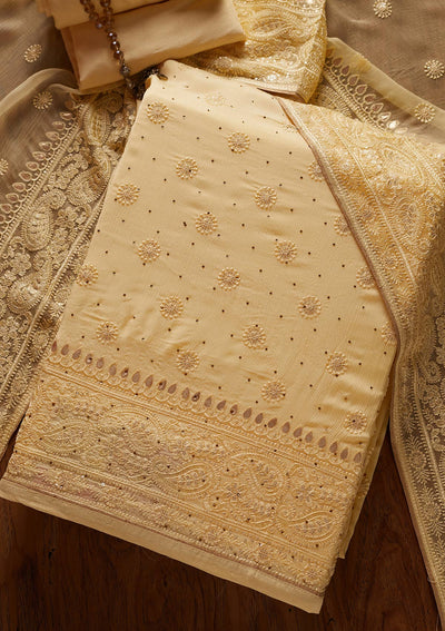 Lemon Yellow Gotapatti Semi Crepe Designer Unstitched Salwar Suit - koskii